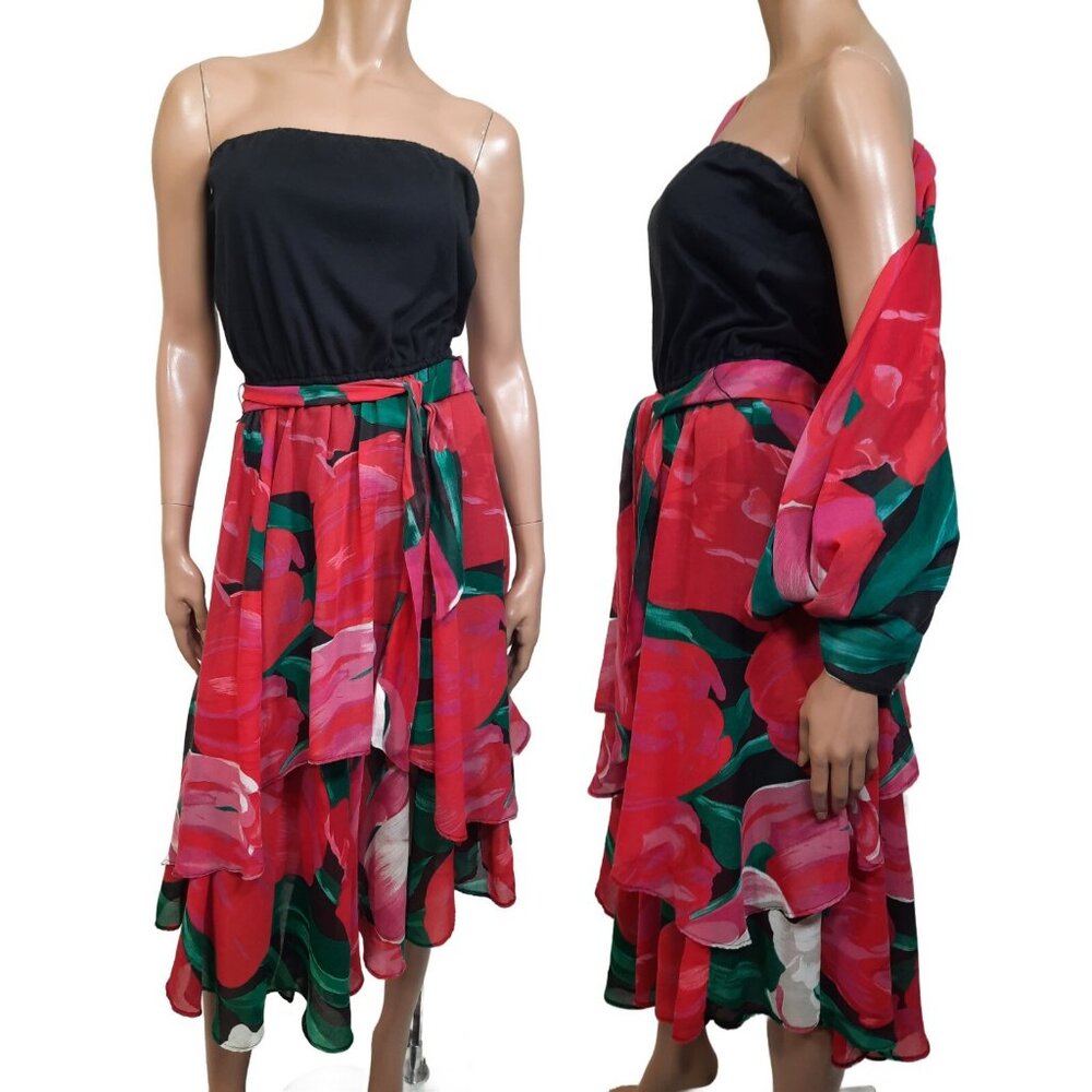 Vintage 80 Sundress Jacket Set size M Large Floral Print Tiered Strapless Midi